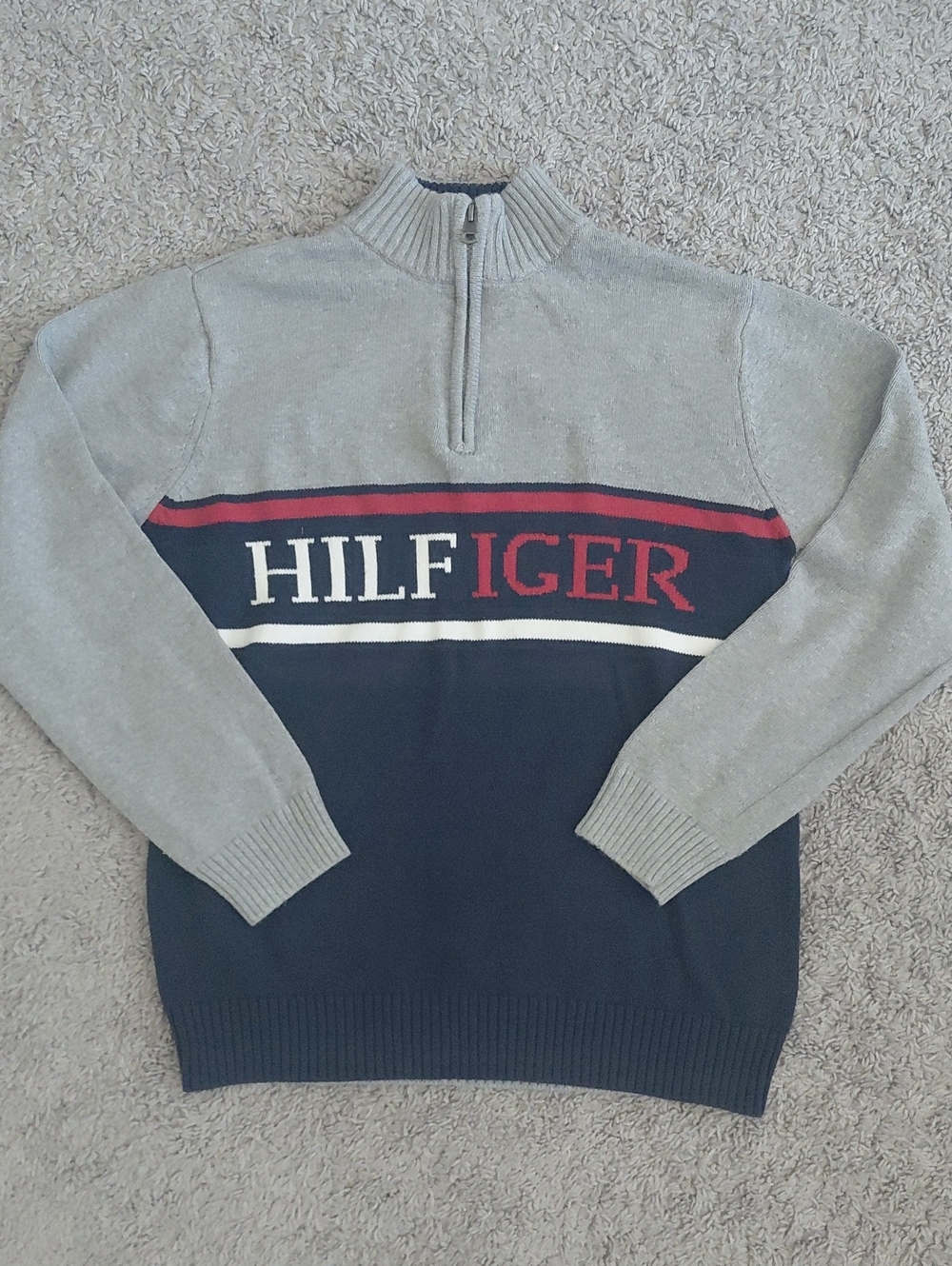 Tommy Hilfiger Gray, Navy & Red Half-Zip Logo Sweater